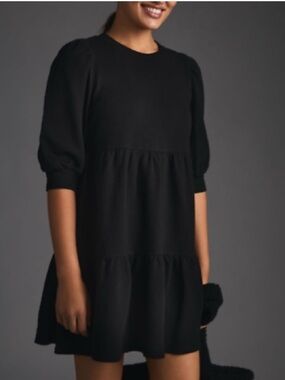 Anthropologie t.la Black Puff-Sleeve Tiered Mini Dress NWT